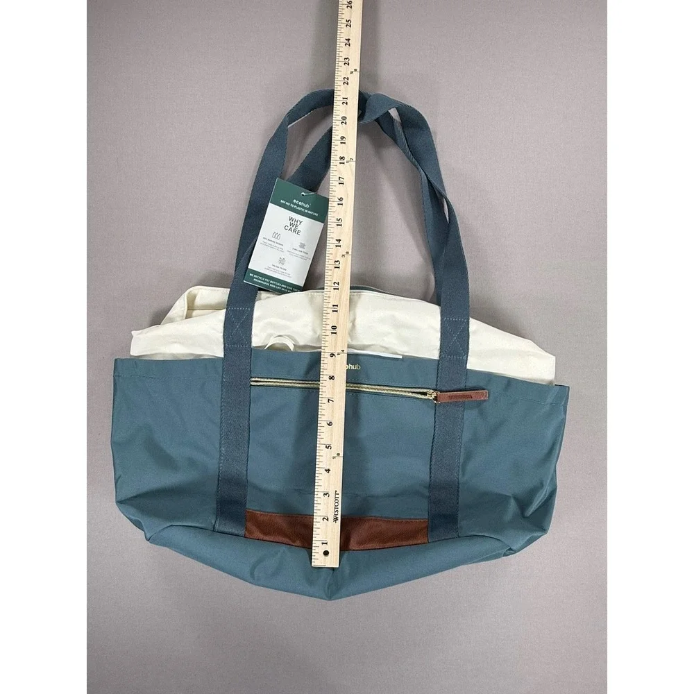 ECOHUB Tote‎ Bag Women Blue Beige Pockets Recycle Medium Canvas Travel Zip Work